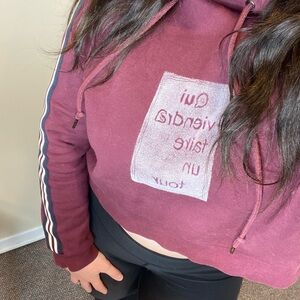 twik Burgundy Cropped Crewneck Sweater with Stripe Sleeve Detail